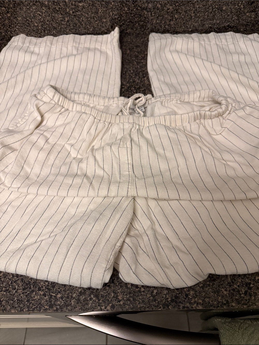 Wide leg pinstriped drawstring trousers